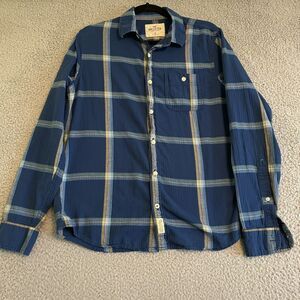 Hollister Button Up Shirt Men's M Blue Yellow Plaid Hooded Long Sleeve Pockets